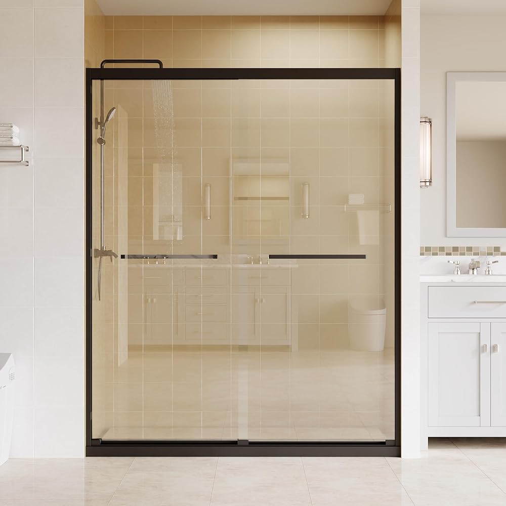 Casaphoria 60" W x 72" H Double Sliding Shower Door, 4" Adjustable Width Glass Shower Door with Stainless Steel Handle,Semi-Frameless Glass Door with 1/4" SGCC Tempered Glass, Matte Black