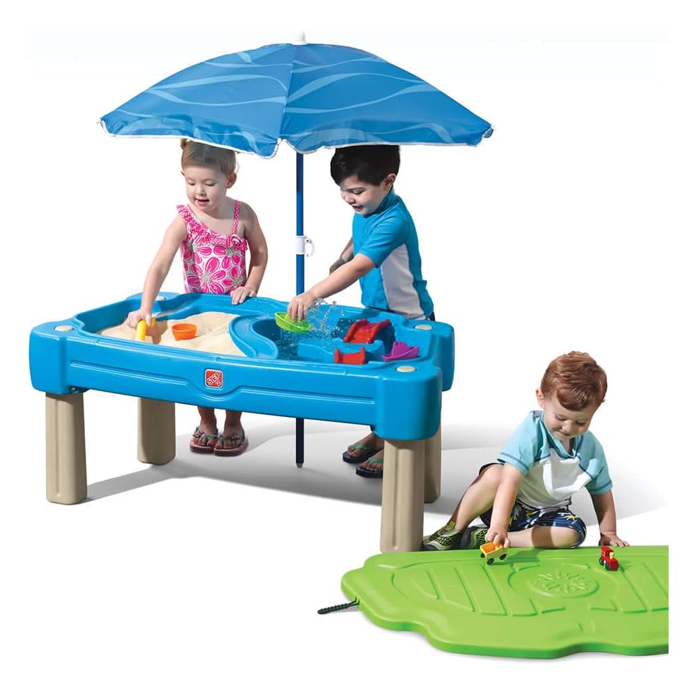 Step2 Cascading Cove Sand and Water Table, Kids Activity Sensory Playset, Comes with Umbrella, Summer Outdoor Toys, 7 Piece Toy Accessories, For Toddlers 1.5+ Years Old
