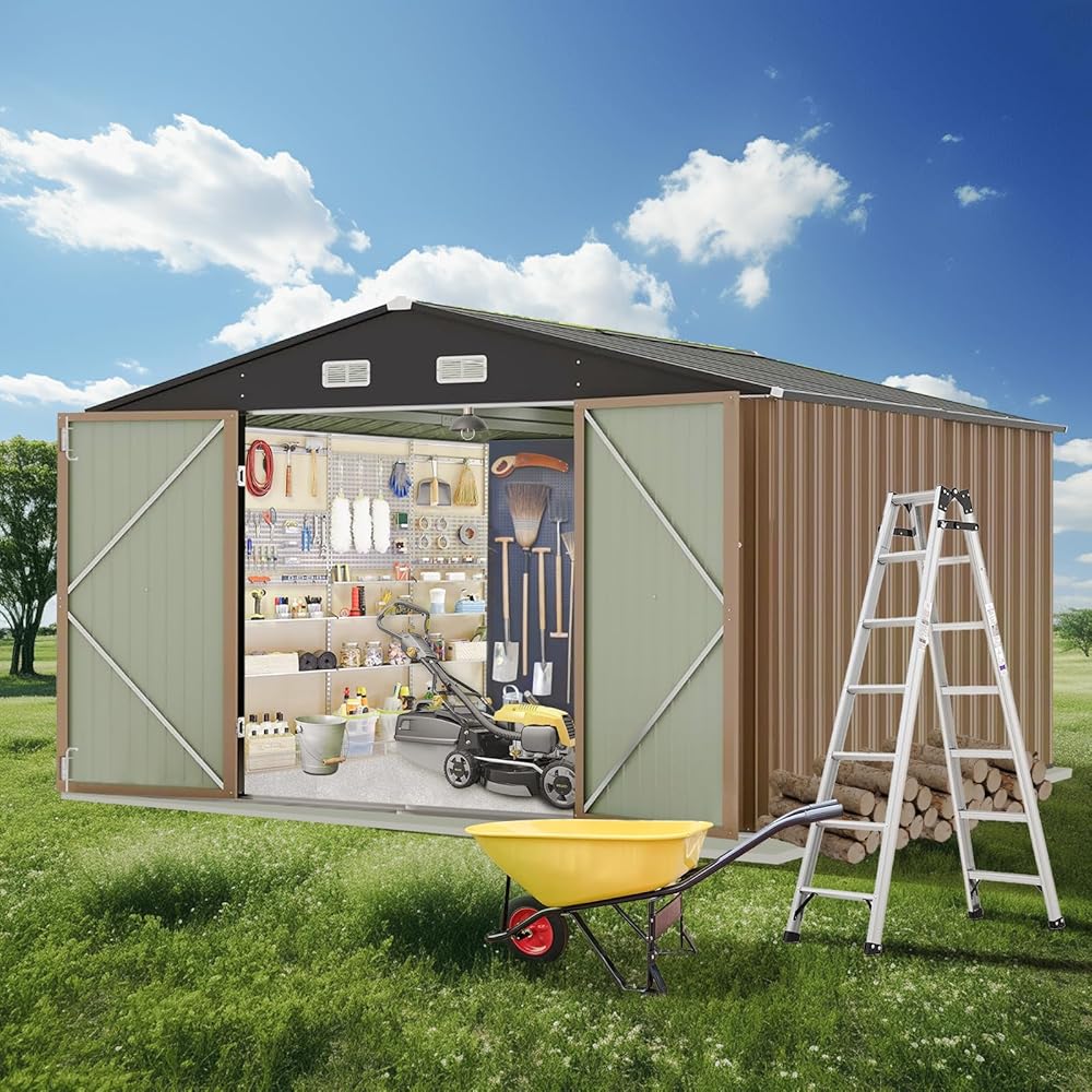 GarveeLife 12 x 10 Ft Outdoor Storage Shed with Updated Frame Structure &amp; Lockable Door, Waterproof Practical Garden Patio Lawn Poolside Metal Tool Shed Designed for Organization &amp; Storage, Brown