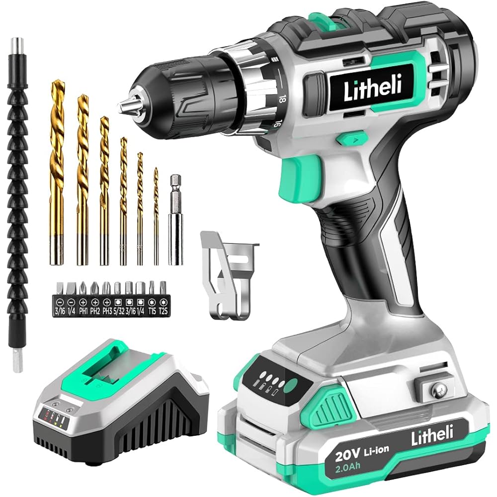Litheli Cordless Drill Set, 20V Max Power Drill Cordless Set, 3/8” Keyless Chuck, 18+1 Torque Settings, Variable Speed, w/ 2.0 Ah Battery and 1 Hour Fast Charger Included