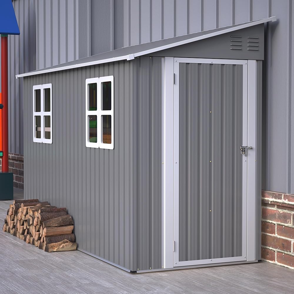 LINKHOO 4 x 10 FT Metal Outdoor Storage Shed with Foundation and 2 Windows, Lean to Storage Sheds w/Lockable Door &amp; Air Vents, All Weather Waterproof Garden Tool House for Backyard, Patio, Lawn, Gray