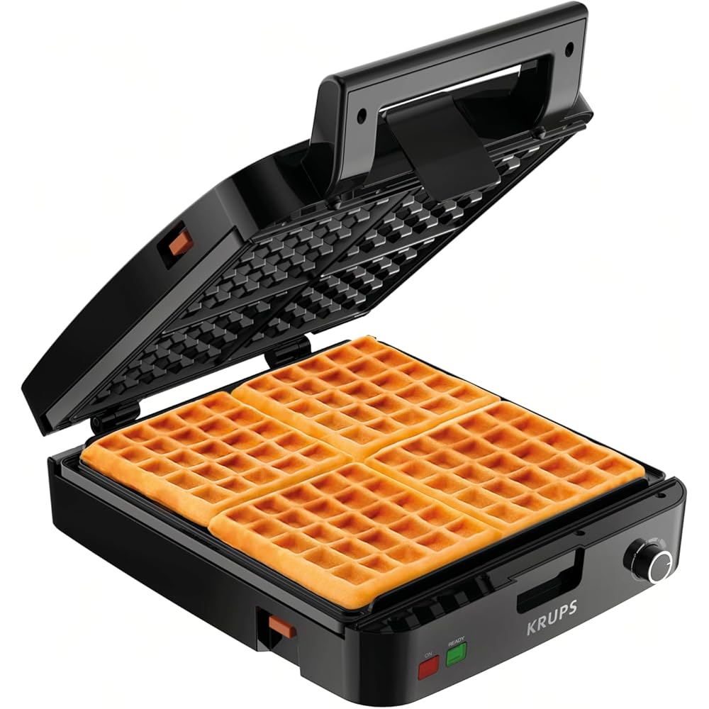 KRUPS 4-Slice Belgian Waffle MakerStainless Steel, 5 Browning Levels, Audible Ready Beep, Removable Plates, 1200W, Silver/Black Perfect for Family Breakfasts