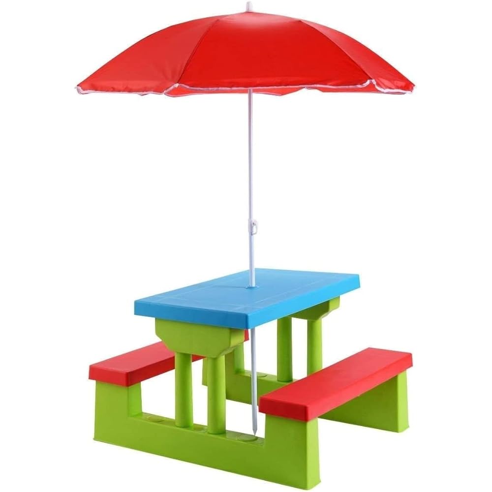 Costzon Kids Picnic Table, Indoor &amp; Outdoor Plastic Table and Bench with Removable Umbrella, Portable Toddler Picnic Table and Chair Set for Garden, Backyard, Patio
