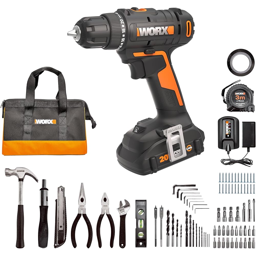 Worx 20V Cordless Drill Driver, 84pc Accessory Kit, Variable 2-Speed, 265 In-Lbs Torque, 20+1 Clutch, Lightweight, Compact, 3/8-Inch Keyless Chuck Battery &amp; Charger Included