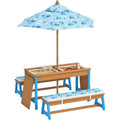 Qaba Kids Picnic Table, Wooden Table and Bench Set with Foldable Umbrella, Removable Cushions &amp; Boxes, Dinosaur Theme Children Activity Table Outdoor Furniture for Patio, Blue