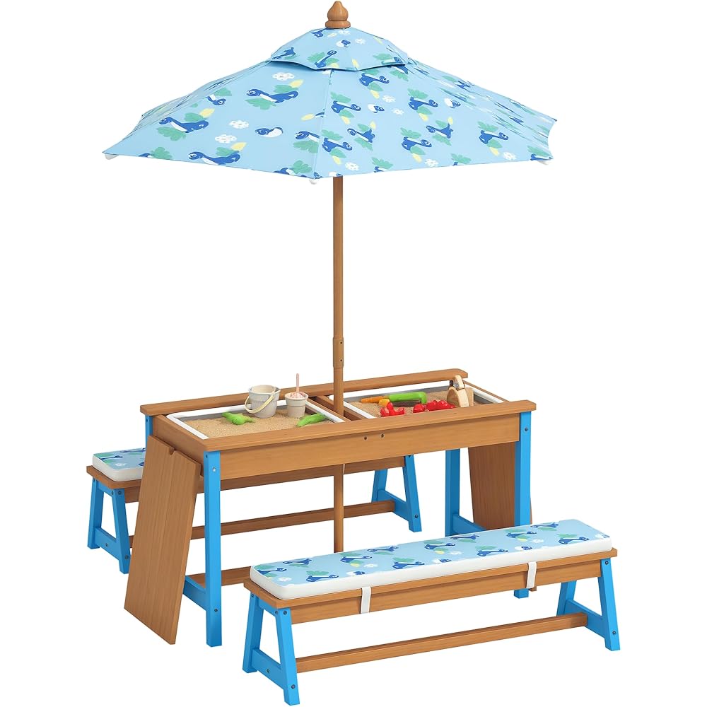 Qaba Kids Picnic Table, Wooden Table and Bench Set with Foldable Umbrella, Removable Cushions &amp; Boxes, Dinosaur Theme Children Activity Table Outdoor Furniture for Patio, Blue