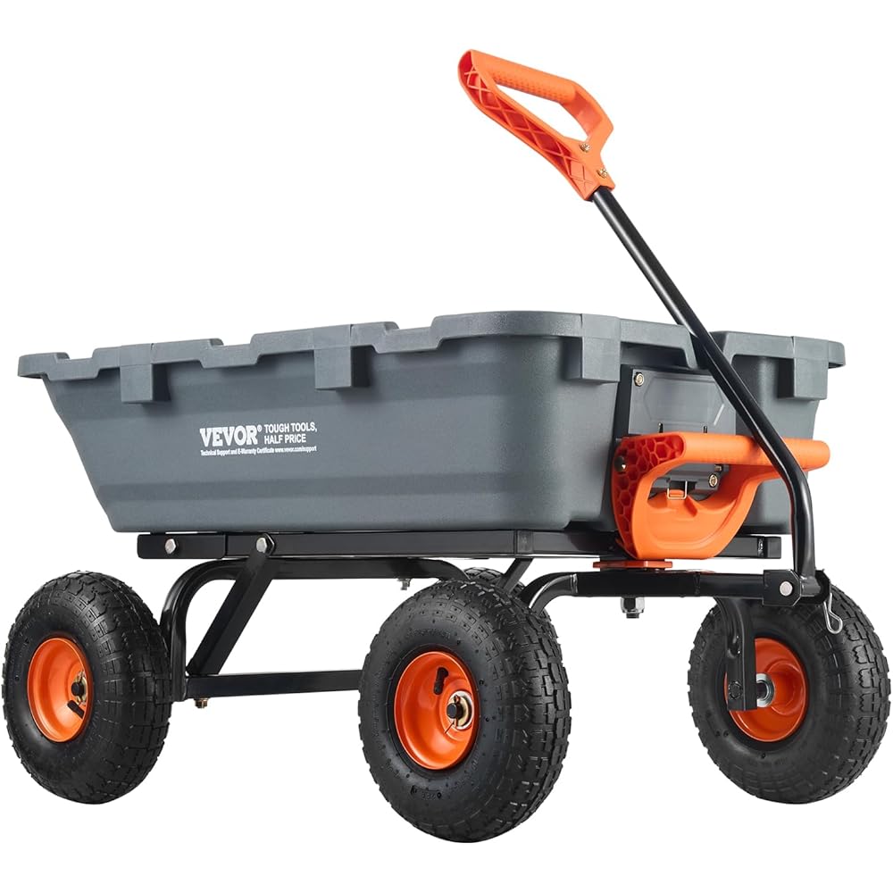 VEVOR 800lbs Poly Dump Garden Cart, Heavy Duty Yard Dump Cart Wagon, 4 Wheel Wheelbarrow with 10in Tires, 180°Rotating Handle, Steel Frame and Quick Release System