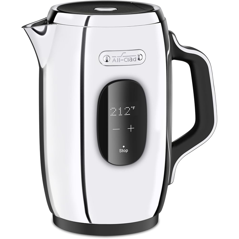 All-Clad Stainless Steel Kettle 1.5 Liter Keep Warm Function 1500 Watts Adjustable Temperature, Safe to Touch, Fast Boiling, Silver