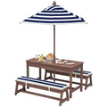 Qaba Kids Picnic Table, Outdoor Wooden Table &amp; Bench Set with Cushions and Umbrella, Children Backyard Furniture for Patio, Garden, Navy Blue