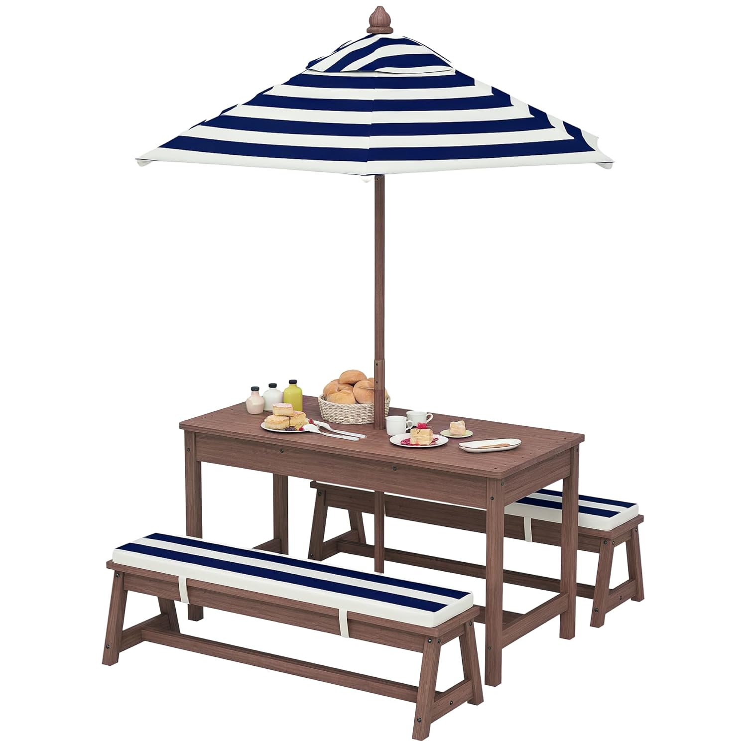 Qaba Kids Picnic Table, Outdoor Wooden Table &amp; Bench Set with Cushions and Umbrella, Children Backyard Furniture for Patio, Garden, Navy Blue