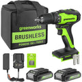 Greenworks 24V Brushless Cordless Drill Kit, 310 in./lbs, 18+1 Position Clutch, 1/2 '' Keyless Chuck, Variable Speed, (2)2Ah Batteries with 2A Charger, LED Light, 8pcs Drill Bits with Tool Bag