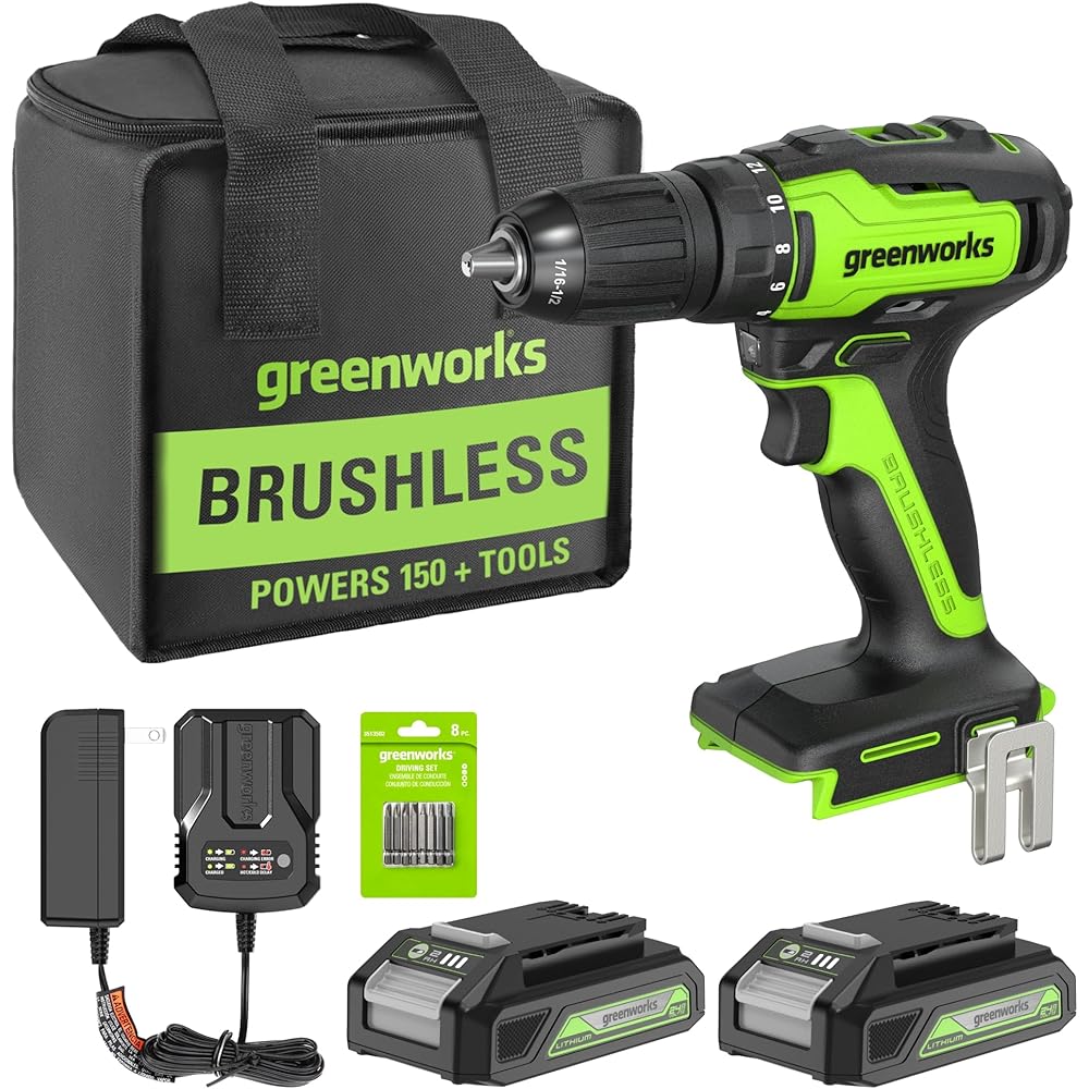 Greenworks 24V Brushless Cordless Drill Kit, 310 in./lbs, 18+1 Position Clutch, 1/2 '' Keyless Chuck, Variable Speed, (2)2Ah Batteries with 2A Charger, LED Light, 8pcs Drill Bits with Tool Bag