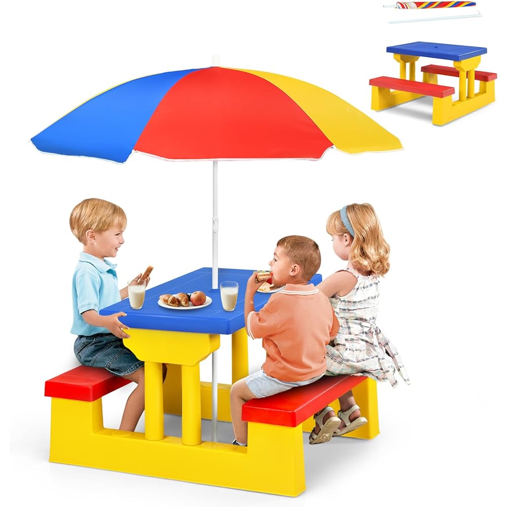 ARMILE Kids Picnic Table, Kids indoor &amp; Outdoor Table and Bench set with Removable &amp; Foldable Umbrella, Portable Toddler Plastic Picnic Table for Patio, Backyard, Ideal Gift for Boys Girls (Colorful)
