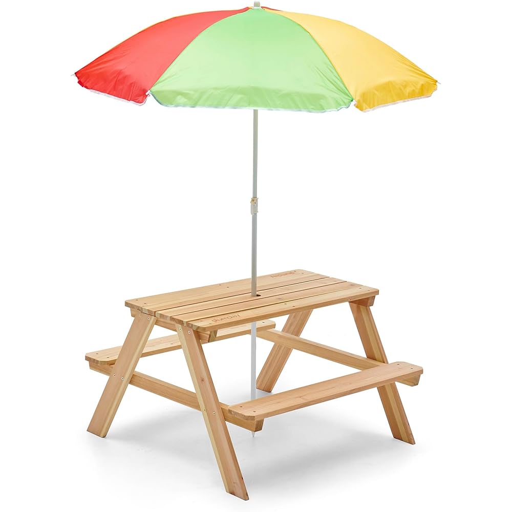 Plum® Wooden Kids Picnic Table Outdoor Toddler Activity Table and Chair Set with Removable &amp; Adjustable Umbrella, Built-in Bench, Backyard Furniture, Durable, Weatherproof, Easy to Clean, Ages 2+
