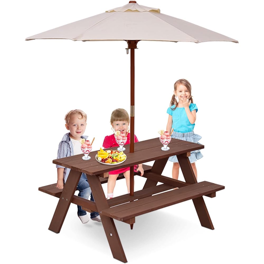 BETTARY Kids Picnic Table, Wooden Toddler Activity Table with Removable Umbrella, Children Backyard Furniture for Patio, Garden, Gift for Girls &amp; Boys, Kids Table and Bench Set for Outdoors Indoors