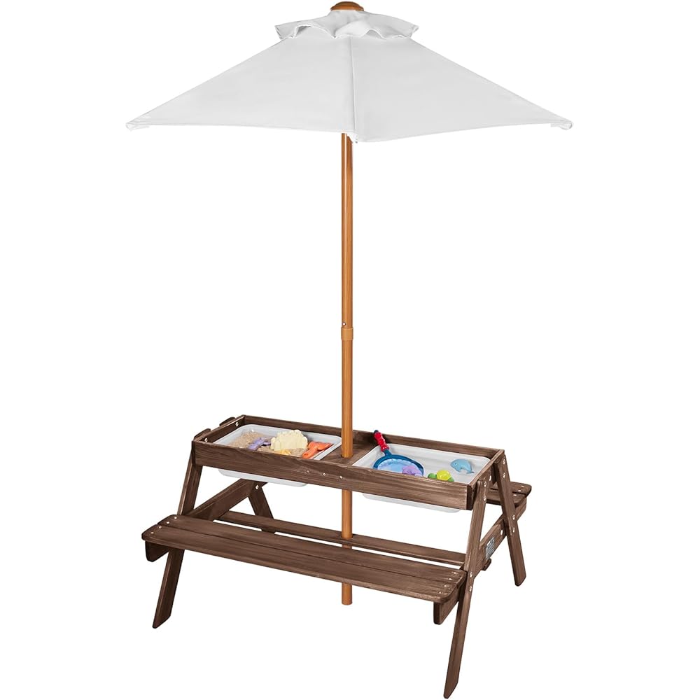 VEVOR Kids Picnic Table with Umbrella, 3-in-1 Sand &amp; Water Table, Outdoor Wooden Table and Bench Set with 2 Trays, 4-People Patio Dining Furniture for Garden, Backyard and Porch (Walnut)
