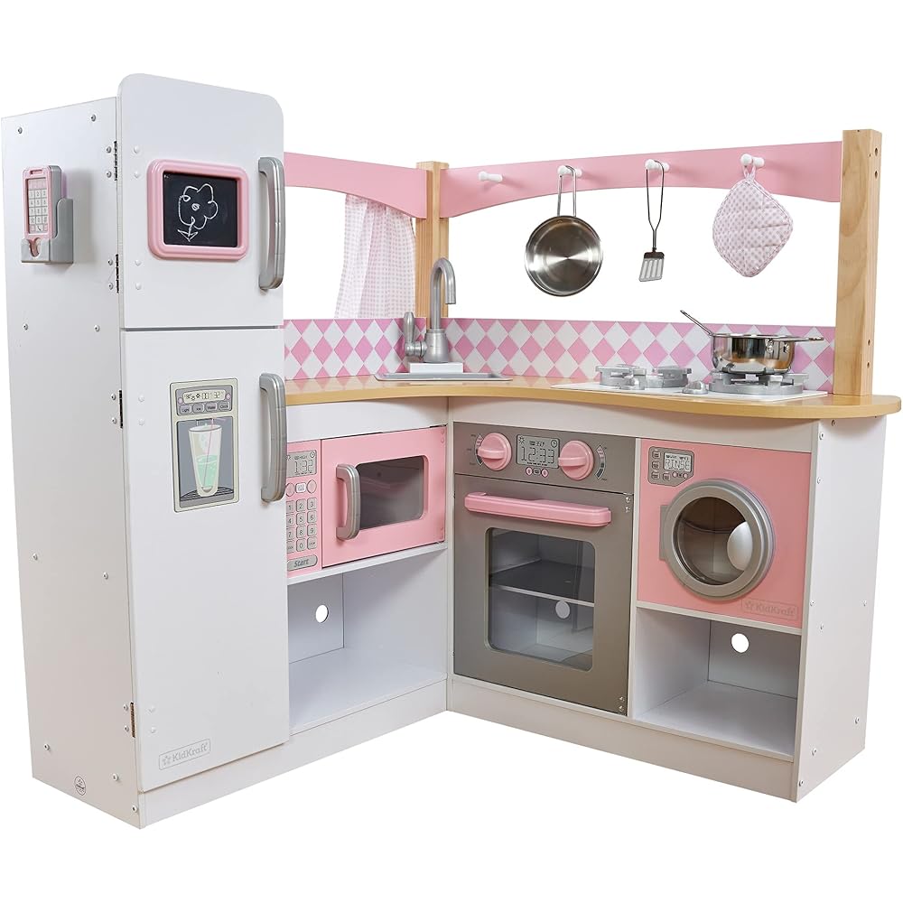 KidKraft Grand Gourmet Corner Wooden Play Kitchen with Washer, Chalkboard, Curtains and 4 Accessories, Gift for Ages 3+