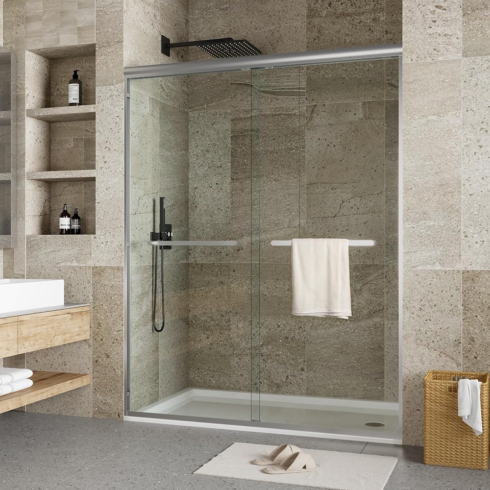 72 in x 48 in Double Sliding Shower Door, Aluminum Alloy Shower Enclosure with Dual Sliding Doors &amp; Easy-Clean 6MM Tempered Glass – Rust-Proof, Space-Saving Design, Brushed Nickel